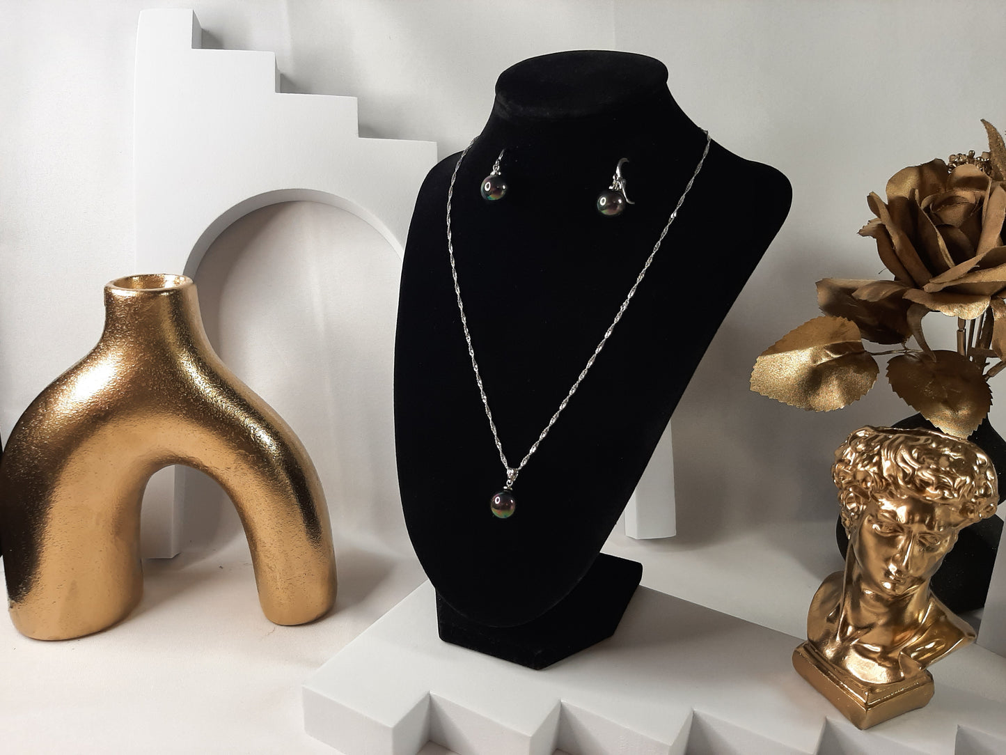 Parure Collier avec Boucles d'oreilles en Argent 925 Sterling avec perle